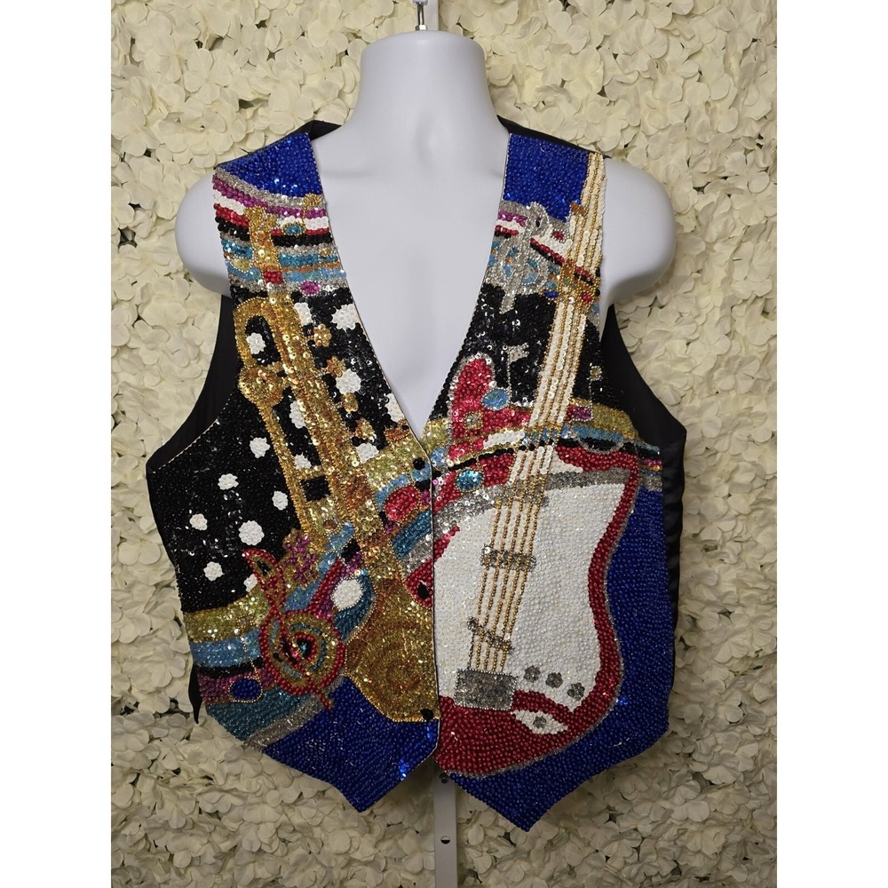 Sequin Vest w/ Musical Instruments,‎ Guitar,Saxophone Multicolor Embellished (B)